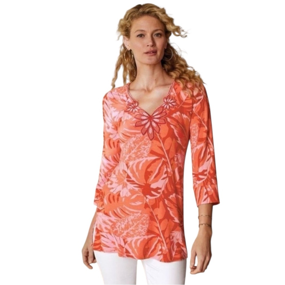 SOFT SURROUNDINGS Tropical Leaves Beaded Del Rio Tunic Blouse in Orange Size Med - Picture 6 of 6